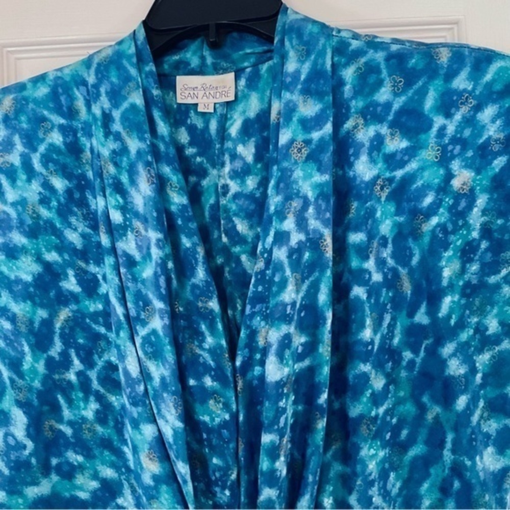 LadiesSilky "Watercolors" Blue/Teal Print Draped Shawl Collar Blouse, (10)